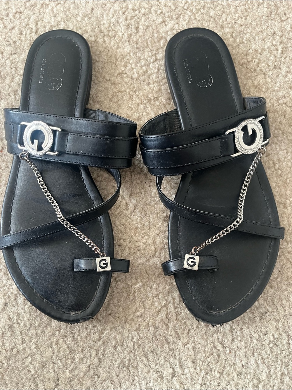 Black Leather Chain Toe-Ring Slide Sandals - G Logo